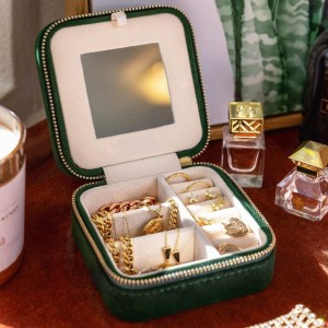 Cutie de bijuterii de călătorie din catifea, cutie portabilă pentru depozitare, pentru femei, cu oglindă