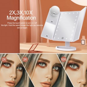 May Ilaw na Makeup Mirror Touch Control Trifold Dual Power Supply LED Room Decor
