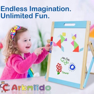 Arkmiido Kids Tabletop Wooden Easel Small，Portable Kids Easel Educationcal Magnetic Chalkboard & Whiteboard Double Sided with Chalk, Markers, Eraser for Kids Toddlers Writing & Drawing 3+