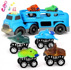 Baobë Dinosaur Toys Truck for 2 3 4 5 Years Old Kids Boys Girls, Transport truck Set with Music, 6 Play Vehicles in Friction Powered Carrier Truck, Cars Toys Gift for Toddlers,Most Popular Toys for 5-8