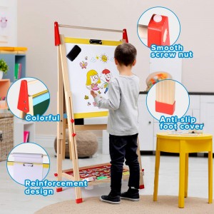 Kids Wooden Art Easel Double-Sided Whiteboard and Chalkboard Adjustable Standing Easel Painting Drawing Board with Paper Roll Holder Magnetic Letters and Numbers Accessories for Boys and Girls