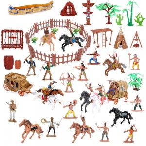 BeebeeRun Wild West Cowboys and Indians Plastic Figures Playset,Educational Bucket Toys of Native American Indians Plastic Action Soldiers Figurines and Accessories,War Game Toys for Kids Boys (77PCS)