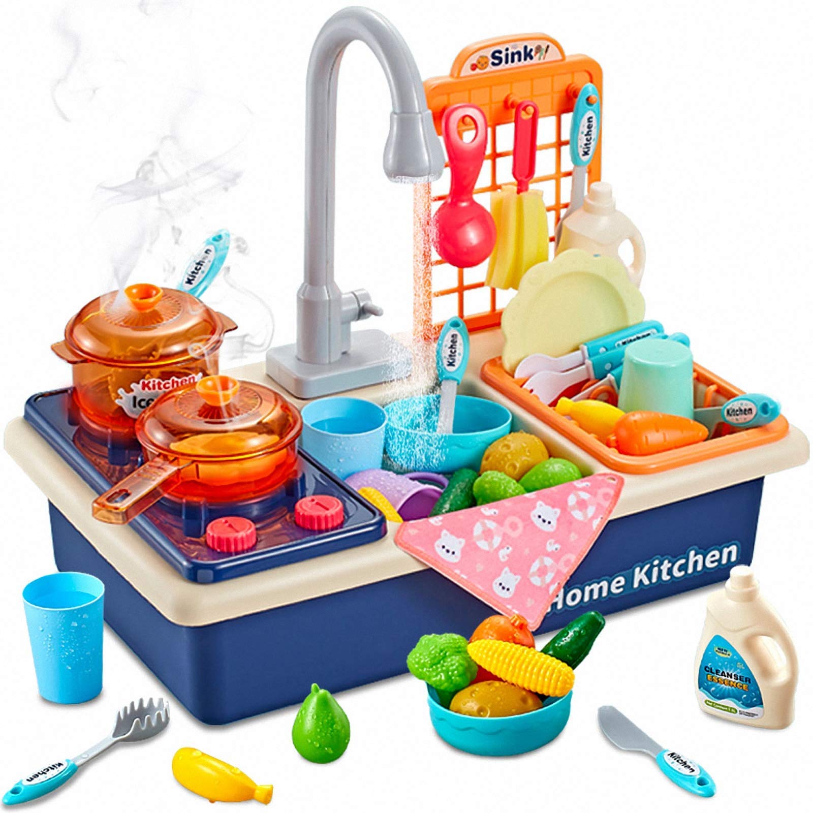 Arkmiido Water Play Cooking Stove Play Kitchen Sink Toys with Running Water House Wash Up Kitchen Sets with Realistic Light Play Dishes Accessories for Toddlers Featured Image