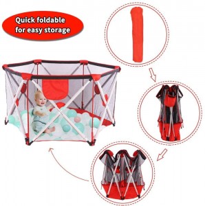 Arkmiido Baby playpen,Playpen for Baby Foldable and Portable, Hexagonal Folding Playpen with Breathable Mesh and Storage Bag, Indoor and Outdoor Play for 0-4 Ages (Red)