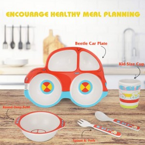 LBLA Cartoon Dinner Set for Kids Children – Natural Safe Kids Healthy Mealtime – Bamboo Tableware 5-Pieces/Set (1 x Plate, 1 x Bowl, 1 x Glass, 1 x Spoon, 1 x Fork) – Car Shape Design