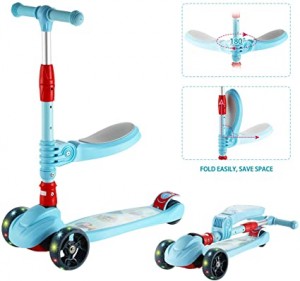 Arkmiido 3 in 1 Scooter for Kids with Foldable and Removable Seat, Adjustable Height, 3 LED Light Wheels, Kids Kick Scooter for Girls & Boys 3 to 12 Years Old (Blue)