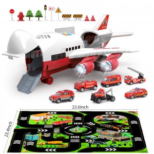 BeebeeRun Transport Cargo Airplane-Car Toys for Boys with Large Play Mat, Sounds Buttons Flashing Light,Vehicles Fire Trucks for Kids Toddlers,Gift for 3 4 5 6 Years Old,Large Plane 11 Road Signs,Red