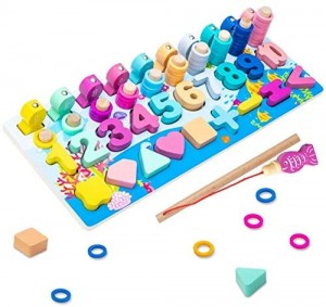 Arkmiido Montessori Toys for Kids, Wooden Number Puzzle for Toddlers Color Shape Sorter Puzzle Board Math Counting Stacking Rings Toys with Magnetic Fishing,Learning Education Toy Gifts Wooden Number Blocks Toys