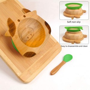 Children’s Bamboo Dishes Set Children’s Bowl with Suction Cup Baby Spoon (Cow)