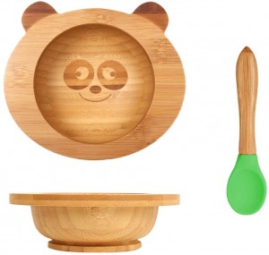 Children’s Bamboo Dishes Set Children’s Bowl with Suction Cup Baby Spoon (Panda)