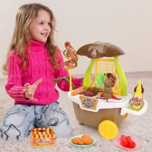 BBQ Cart Play Set, Activity Kitchen Pretend Food Playset Trolley Truck Toys for Kids Early Education Gifts Ages 3+