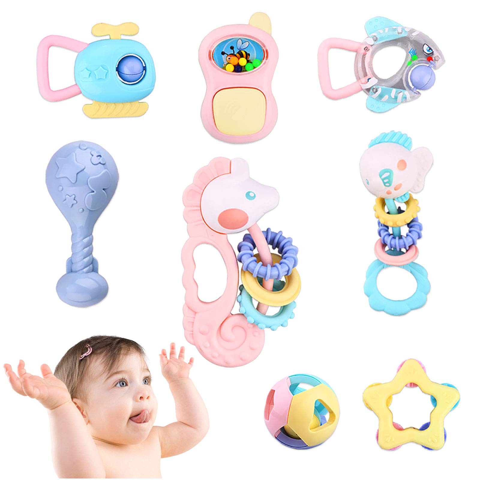 Newborn Infant Baby Rattles Silicone Teether Toys 8pcs -Grab and Spin Educational Baby Toys 0 3 6 9 12months Featured Image