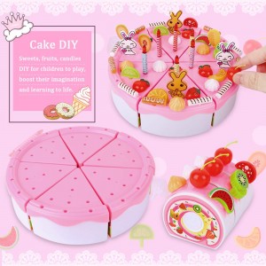 Baobë Birthday Cake Toys with Candles Fruit Dessert, DIY 107 PCS Cutting Pretend Play Food Kids Tea Set, Roll Cake, Chocolate,Educational Food Toys Gift for 3 4 5 6 Years Old Children Boys and Girls