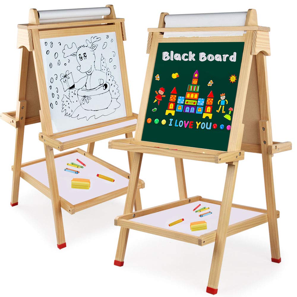 Arkmiido kids easel, Double-Sided Drawing Board,wooden art easel for kids ,Whiteboard & Chalkboard Easel with Eraser & Pack of Chalks and Cognitive stickers for 3+ years Boys and Girls. (2021NEW) Featured Image