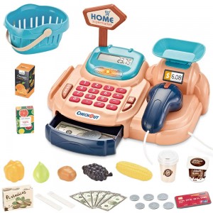 Toy Cash Register for Kids Role Play Supermarket Game 26Pcs Calculator Scanner Accessories DIY Sticker, 9”Lx7”Wx6”H(23cmx18cmx15cm), for Age 3+