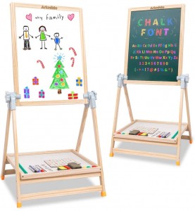 Arkmiido Easel for Kids Foldable Wooden Art Kids Easel Double-Sided Magnetic Drawing Board with Eraser & Pack of Chalks and Cognitive Magnetic Stickers Birthday Gift for 3+ Years.