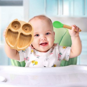 Children’s Bamboo Dishes Set Kids Bamboo Dinner Set Children’s Bowl with Suction Cup Baby Spoon (Owl)