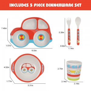 LBLA Cartoon Dinner Set for Kids Children – Natural Safe Kids Healthy Mealtime – Bamboo Tableware 5-Pieces/Set (1 x Plate, 1 x Bowl, 1 x Glass, 1 x Spoon, 1 x Fork) – Car Shape Design