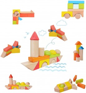 80Pieces Wooden Building Blocks Set, Building Toy for Girls and Boys, Ideal Blocks/Construction Toys for Toddlers, Developmental Toy, Different Shapes and Sizes, Bright Colors,100% Safe, Non-Toxic