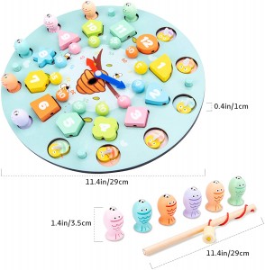 9in1 Wooden Magnetic Fishing Game with Teaching Clock, Clip Beads Game, Shape&Color Sorting, Lacing Beads, Ludo Board Game, Early Educational Toy for Kids Ages 1-6 Years Old