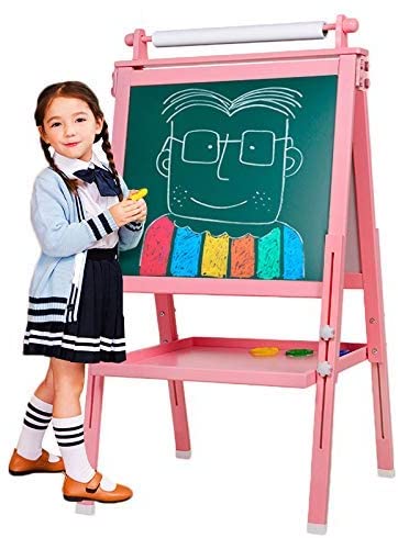 Kid’s Wooden Art Easel Double Sided Easel for Kids Whiteboard&Chalkboard with Adjustable Stand &Turn (pink) Featured Image