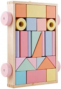 Wooden Building Blocks Cart Toys for Toddlers Kids Baby, Educational Game Set, Macaron Construction Bricks Puzzle Board Car Toy Children Birthday Gift (Pink)