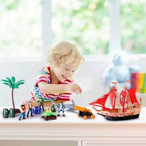 BeebeeRun Pirate Ship Action Figures Toys- Pirate Vessel Plastic Figures Playset- Educational Learning Toys with Shark, Trees, Cannon,Boat and Other Accessories- Great Gifts for Kids Boys and Girls