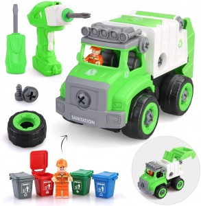 BeebeeRun Take Apart Toys with Electric Drill ,Remote Control Garbage Truck Toys for Boys Girls and Toddlers, Trash Truck Toys with Garbage Cans for Kids,Gift Toys for 3,4,5,6,7 Year Olds