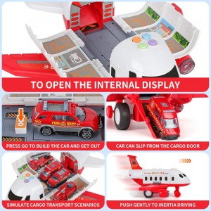 BeebeeRun Car Toy Set Cargo Plane with 4 Fire Fighting Vehicles and 11 Road Signs, Transport Airplane Toys w/Lights & Sounds for 3+ Years Old Boys and Girls, Kids Child Birthday Party Favor Gift