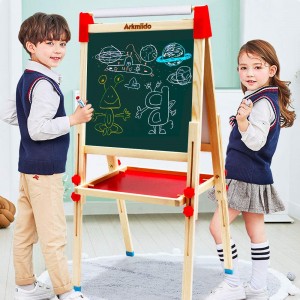 Kids Easel with Paper Roll Double-Sided Whiteboard & Chalkboard Standing Easel with Numbers and Other Accessories for Kids and Toddlers