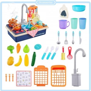 Arkmiido Water Play Cooking Stove Play Kitchen Sink Toys with Running Water House Wash Up Kitchen Sets with Realistic Light Play Dishes Accessories for Toddlers