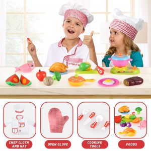 Kids Kitchen Pretend Play Toys, Play Food Cooking Set with Cutting Fruits Vegetables Cookware Pots and Pans, Chef Role Play Costume Set, Play Kitchen Accessories Gifts for Toddlers Boys and Girls