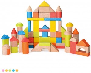 80Pieces Wooden Building Blocks Set, Building Toy for Girls and Boys, Ideal Blocks/Construction Toys for Toddlers, Developmental Toy, Different Shapes and Sizes, Bright Colors,100% Safe, Non-Toxic