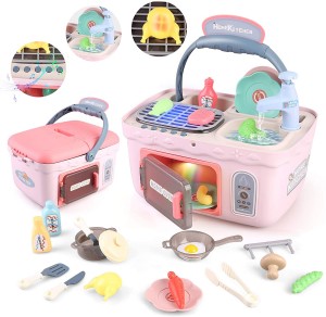 BeebeeRun Kids Picnic & Kitchen Playset,Portable Pinic Basket Toys with Musics & Lights, Color Changing Play Foods,Play Sink,Pretend Play Oven and Other Kithcen Accessories Toys for Girls...