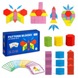 LBLA 155 PCS Wooden Pattern Block Set Geometric Shape Puzzle Educational Toy for Kids Preschool Learning Montessori Tangram Toys for Boys Girls with 24 PCS Design Cards