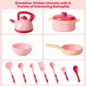BeebeeRun 28PCS Kitchen Play Toy, Kids Pretend Play Cooking Set with Play Food,Cookware Pot and Pan Toy Set,Toy Utensils,Play Accessories Toys for Kids Toddlers Girls Boys(Pink)