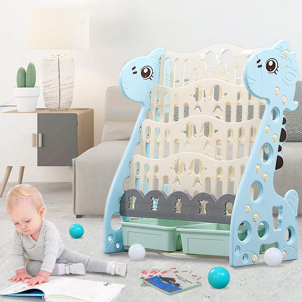 Arkmiido Kids Cartoon Bookshelf with Five Shelves and Two Storage Boxes, a Multifunctional Simple Floor-to-Ceiling Bookcase for Baby and Toddlers, Cute Animal Angel Dragon Theme Blue Featured Image