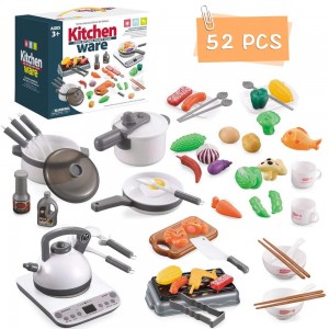52PCS Kitchen Play Toys, Kids Pretend Play Cookware Set with Pots and Pans, BBQ Toy, Cutting Vegetables, Play Food and Cooking Utensil for Gift for Toddlers Baby Girls Boys