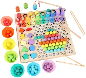 13 in 1 Wooden Peg Board with Magnetic Fishing Game | Bead Counting | Color Shape Sorting Game | Stacking Game | Montessori Toys for Toddlers 2-6 Year Old