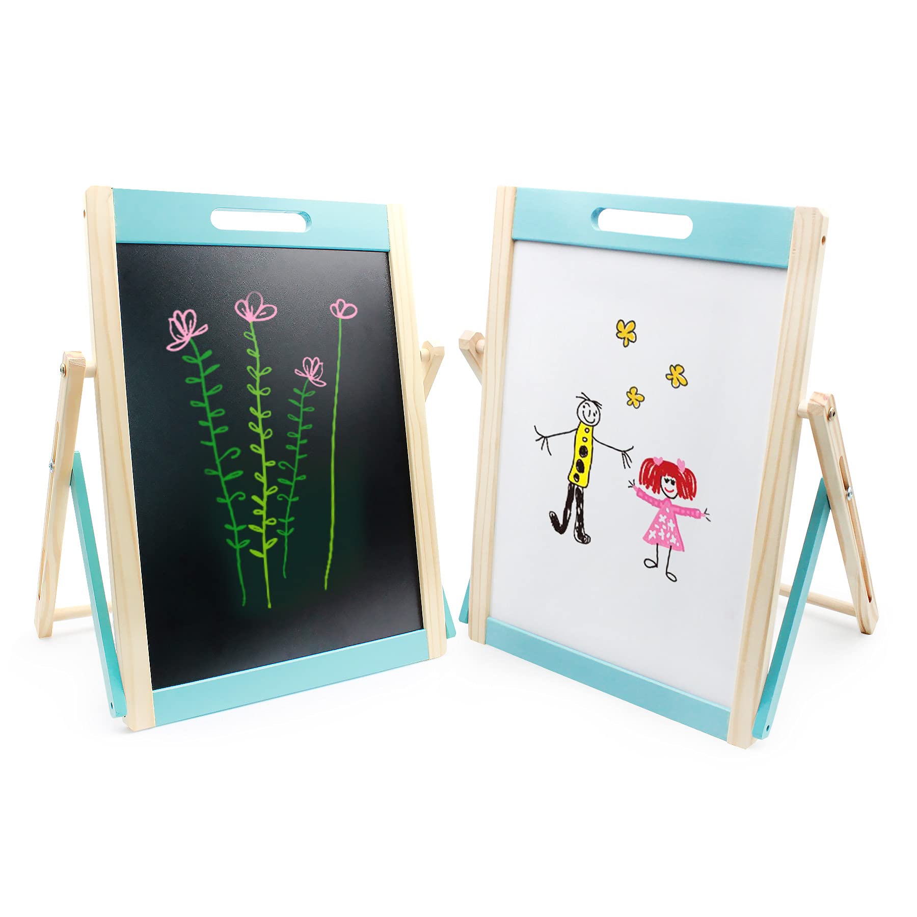 Arkmiido Kids Tabletop Wooden Easel Small，Portable Kids Easel Educationcal Magnetic Chalkboard & Whiteboard Double Sided with Chalk, Markers, Eraser for Kids Toddlers Writing & Drawing 3+ Featured Image