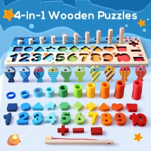 Wooden Number Puzzles Toys for Toddlers Kids, Shape Sorter Puzzle Board Math Counting Stacking Rings Toys with Magnetic Fishing,Early Education Learning Toys for 3 4 5 Years Old Boys Girls