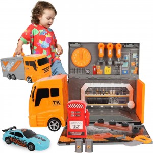 BeebeeRun Toy Trucks for Boys – 2 in 1 Kids Tool Set + Toy Truck Transport car Carrier, Prend Play Construction Vehicles for Kids, Toddler Toy Gift for 3,4,5 Year Old Boys