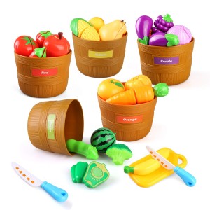 BeebeeRun Color Sorting Set with Play Food, 27PCS Play Kitchen Plastic Cutting Food for Kids Pretend Play, Fruits and Vegetables Playset, Kids Toddlers Educational Toys