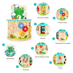 Ealing 12 in 1 Wooden Busy Activity Learning Cubes with Cute Frog Bead Maze Educational Toys for Baby Toddlers Ages 3+ for Boys and Girls Birthday Holiday Christmas Gifts