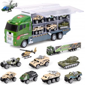 BeebeeRun Military Truck Set Die-Cast 23 in 1 Army Toy Transport Vehicle Battle Car in Carrier Truck with Traffic Warning Sign for Boys 3+ Years Old