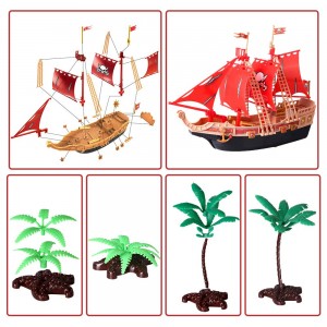 BeebeeRun Pirate Ship Action Figures Toys- Pirate Vessel Plastic Figures Playset- Educational Learning Toys with Shark, Trees, Cannon,Boat and Other Accessories- Great Gifts for Kids Boys and Girls