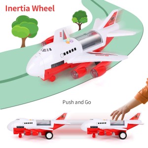 BeebeeRun Transport Cargo Airplane-Car Toys for Boys with Large Play Mat, Sounds Buttons Flashing Light,Vehicles Fire Trucks for Kids Toddlers,Gift for 3 4 5 6 Years Old,Large Plane 11 Road Signs,Red