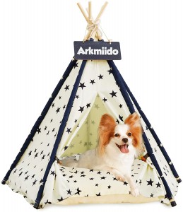 Pet Teepee with Cushion, Cat & Dog(Puppy) House with Bed Indoor Outdoor Portable(Cream-Colored)