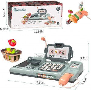 BeebeeRun Electronic Cash Register Till Pretend Play Supermarket Toy Set Smart Cash Register with Scanner Food Money Shopping Basket for Children Kids (Grey)