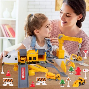 Construction Toys Set with Transport Cargo Airplane,Kids Airplane Toy with Sound and Light,Including Construction Educational Vehicles Car Toys and Large Play Mat,Gifts for 3+ Year Old Boys and Girls